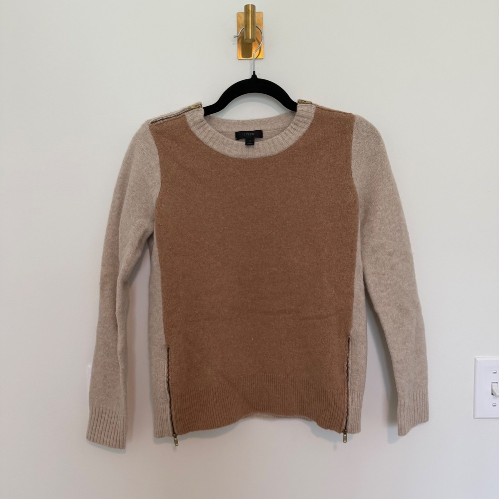 J.Crew Womens Colorblock Zipper Detail Crewneck Sweater Beige Brown XS